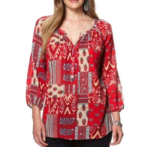 Chaps Patchwork Peasant Blouse Boho Aztec - Picture 1 of 8